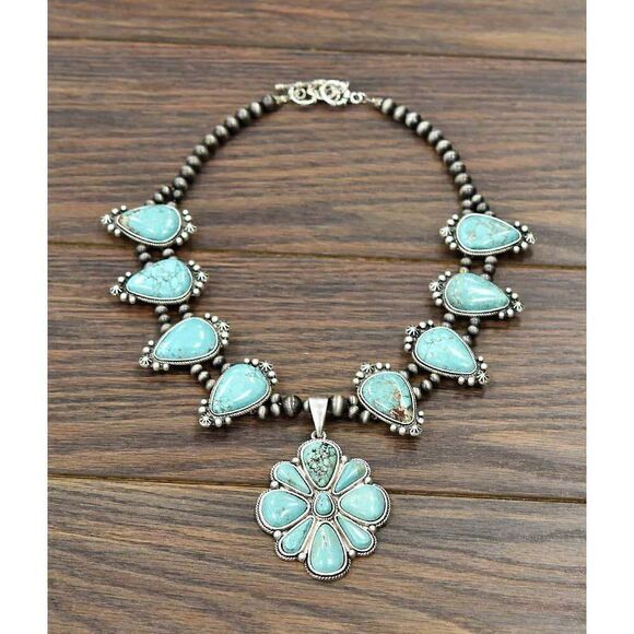 Squash Blossom Turquoise Necklace, Southwestern Cowgirl Necklace, Ships in Gift - Picture 6 of 9
